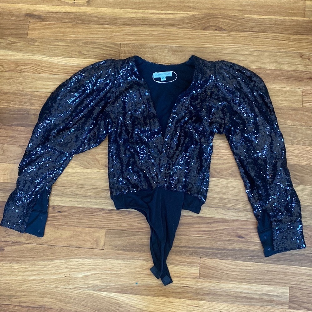 Kimberly Taylor Women’s Black Sequin Low Cut Bodysuit Size XS
